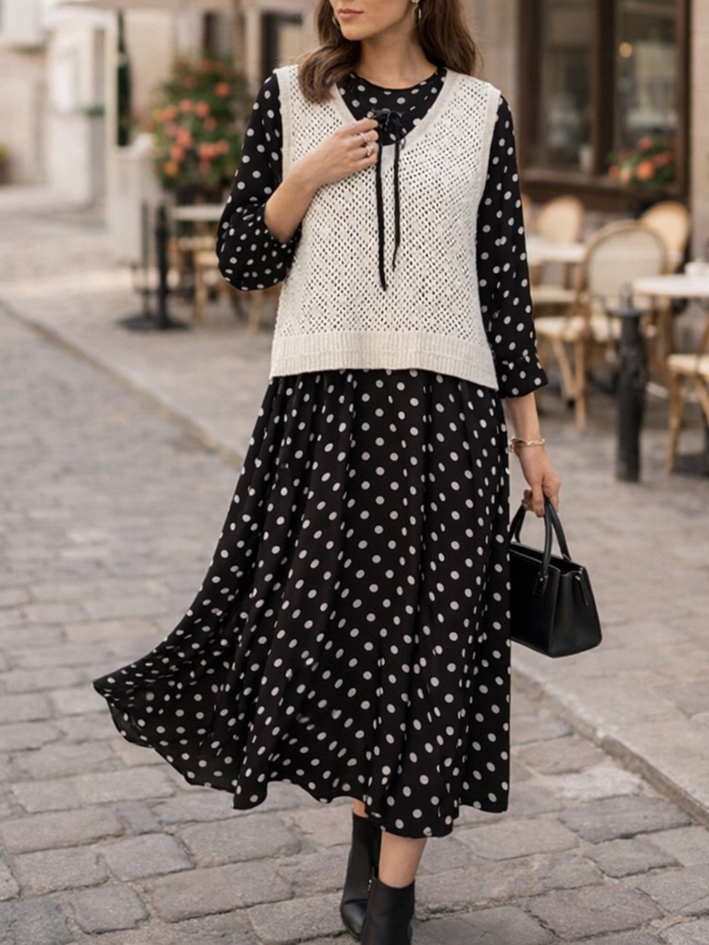 Zhanchi Polka Dot Dress w Knit Vest Layered Look XL NWT